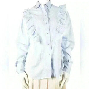 1980s MISS RODEO AMERICA Blue Striped Ruffled Bib Front  Western Shirt L USA